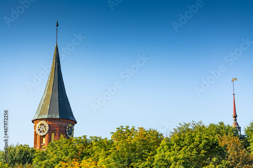 The dome of the cathedral with chimes rises above the very beautiful autumn trees.