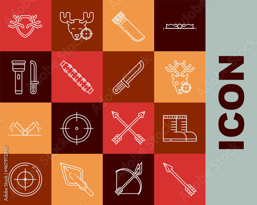 Set line Hipster arrow, Hunter boots, on deer with crosshairs, Quiver arrows, Hunting cartridge belt cartridges, Flashlight and knife, Deer antlers shield and icon. Vector
