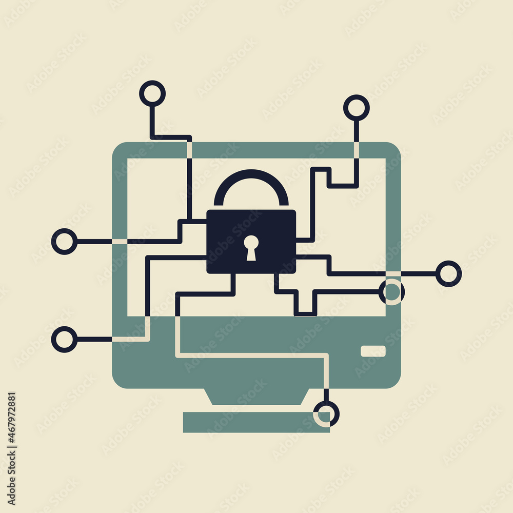 Computer screen with lock. Network security concept. Flat style illustration. Isolated. Computer screen with lock. Network security concept. Flat style illustration. Isolated.