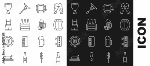 Set line Beer bottle, Street signboard with inscription, Wooden barrel, rack stopcock, Pack of beer bottles, Lederhosen, Chicken leg and Glass and hop icon. Vector