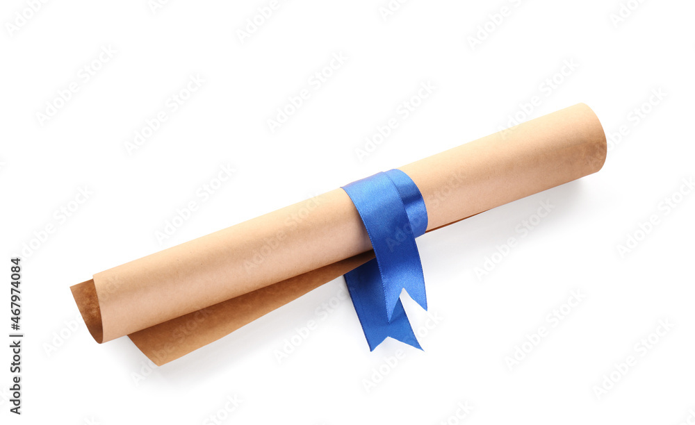 Rolled student's diploma with blue ribbon on white background Rolled student's diploma with blue ribbon on white background