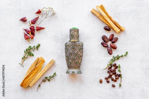 Agar wood oil or arabian oud perfume with ingredients