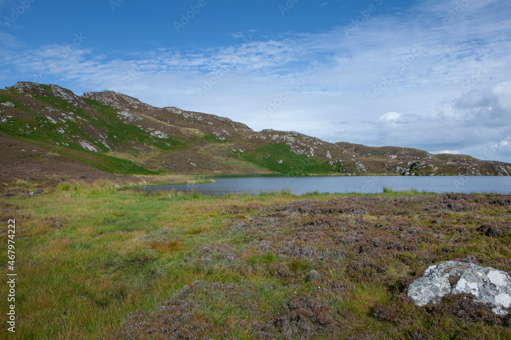 Slieve League. Ireland westcoast. Heather fields. Lake.