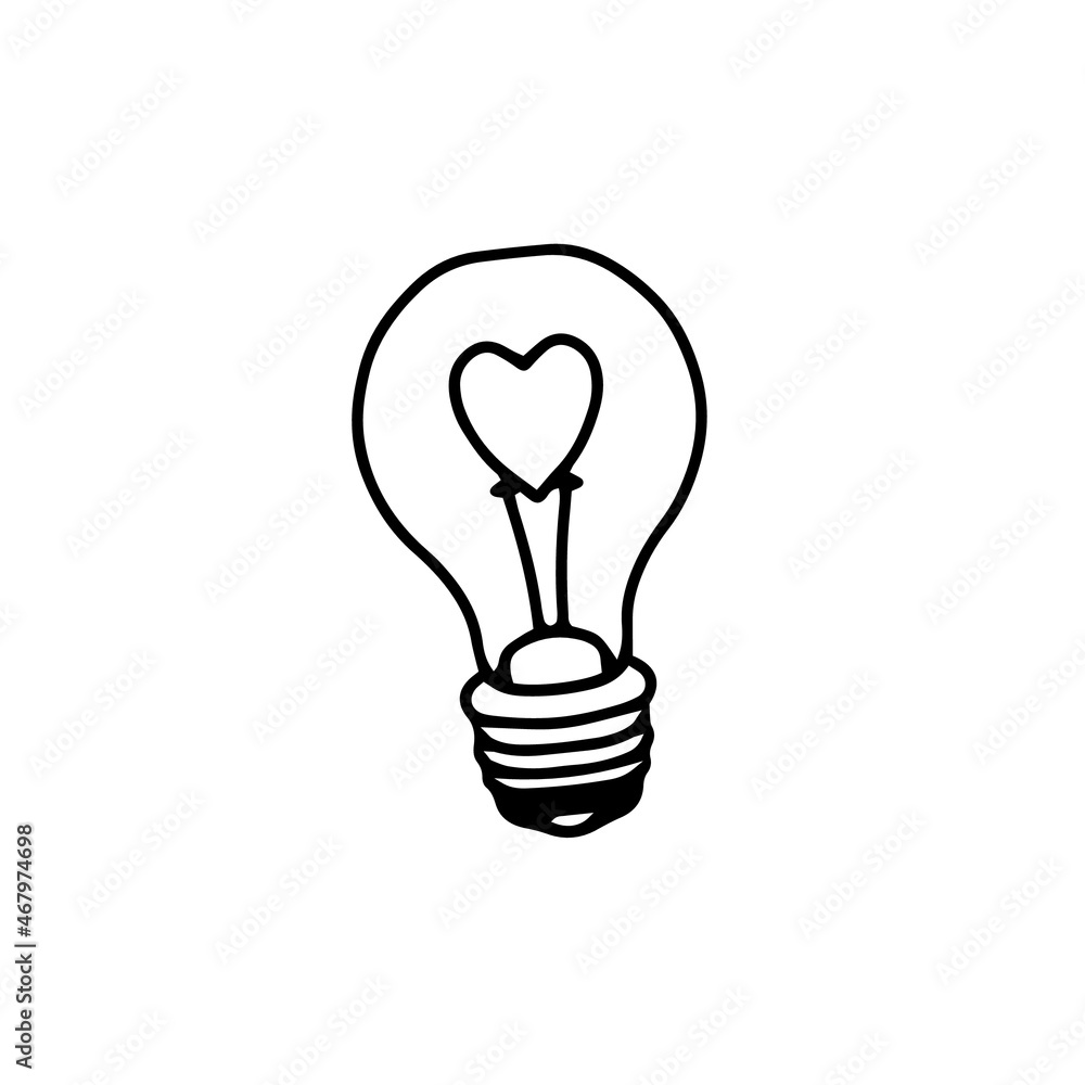 Vector light bulb with a heart inside. Linear illustration for wedding, Valentine's day