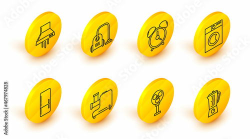 Set line Blender, Electric fan, Kitchen meat grinder, Refrigerator, Washer, Alarm clock, Vacuum cleaner and extractor icon. Vector