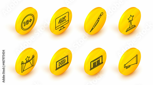 Set line Megaphone, Buy cinema ticket online, Laptop screen with HD video technology, Carpet barriers and star, Movie trophy, Knife, Computer PC monitor 4k and Under 18 years icon. Vector