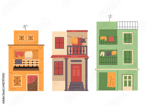 Vector indian houses set. Poor buildings.