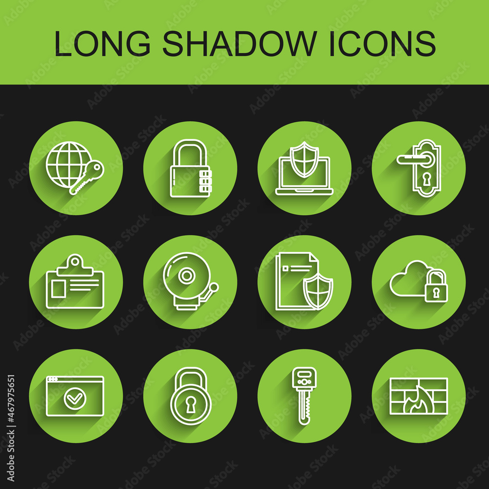 Set line Secure your site with HTTPS, SSL, Lock, Globe key, Key, Firewall, security wall, Ringing alarm bell, Cloud computing lock and Document protection concept icon. Vector Set line Secure your site with HTTPS, SSL, Lock, Globe key, Key, Firewall, security wall, Ringing alarm bell, Cloud computing lock and Document protection concept icon. Vector