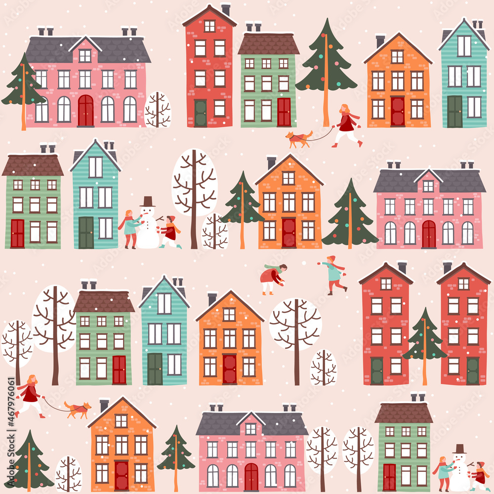 New Year and Christmas background. Houses, trees, snow and playing children.