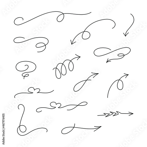 Set of monoline minimalist decorations - arrows, dividers, corner. Freehand trendy drawings. Vector isolated on white background.