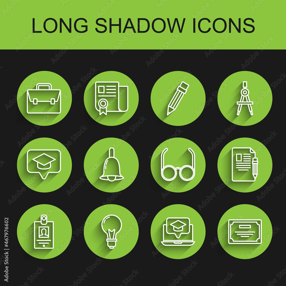 Set line Identification badge, Light bulb with concept of idea, Briefcase, Graduation cap screen laptop, Certificate template, Ringing bell, Exam sheet and pencil eraser and Glasses icon. Vector Set line Identification badge, Light bulb with concept of idea, Briefcase, Graduation cap screen laptop, Certificate template, Ringing bell, Exam sheet and pencil eraser and Glasses icon. Vector