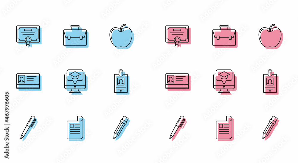 Set line Pen, Document, Certificate template, Pencil with eraser, Monitor graduation cap, Identification badge, and Briefcase icon. Vector Set line Pen, Document, Certificate template, Pencil with eraser, Monitor graduation cap, Identification badge, and Briefcase icon. Vector