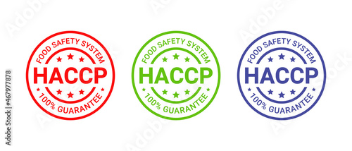 HACCP round stamp. Hazard analysis and Critical Control Points emblem. Food safety system seal imprint. Guarantee rubber badge. Quality warranty icon isolated on white background. Vector illustration