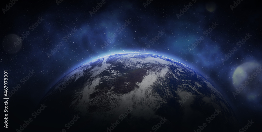View of Earth in open space, illustration. Banner design