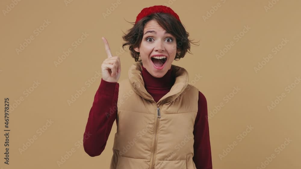 Insighted smart young brunette woman 20s wears red hat shirt waistcoat ...