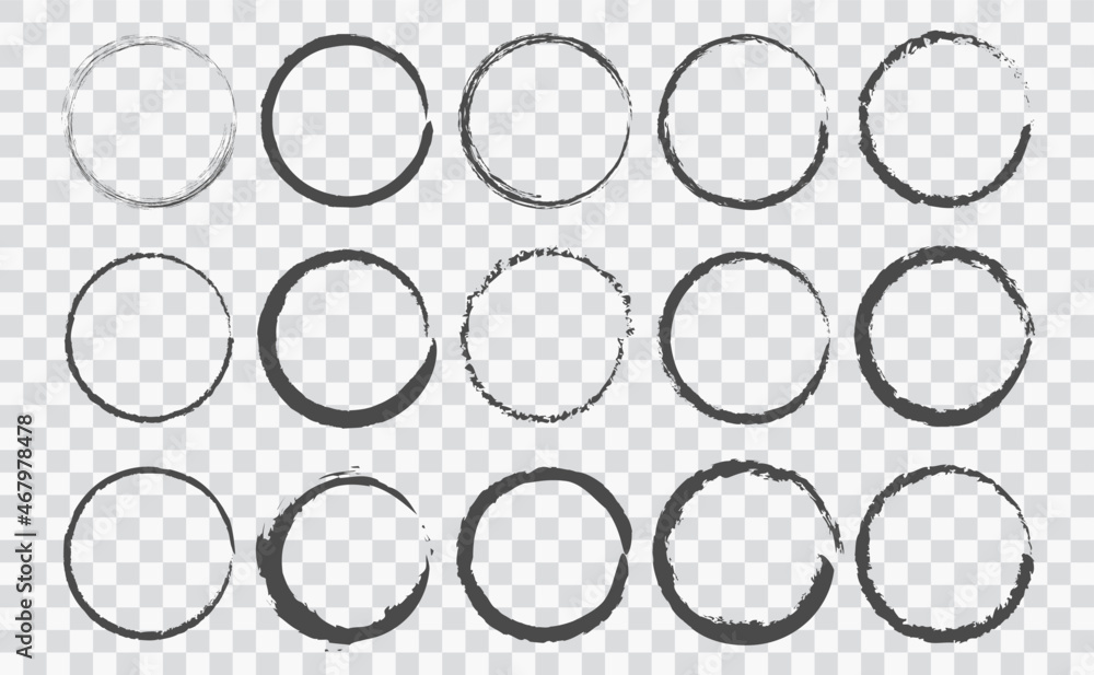 Set of circle brushes elements. Different circle brush strokes on transparent background. Grunge round shapes. Boxes, frames for text, labels, logo, grunge - obrazy, fototapety, plakaty 