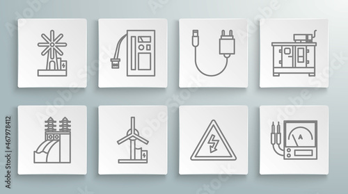 Set line Nuclear power plant, Battery, Wind turbine, High voltage sign, Ampere meter, multimeter, voltmeter, Charger, Diesel generator and icon. Vector