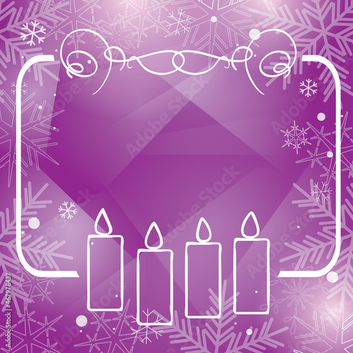 white frame with advent candles on abstract purple background - vector flyer with snowflakes