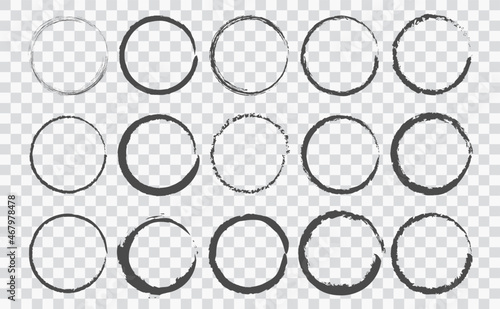 Set of circle brushes elements. Different circle brush strokes on transparent background. Grunge round shapes. Boxes, frames for text, labels, logo, grunge