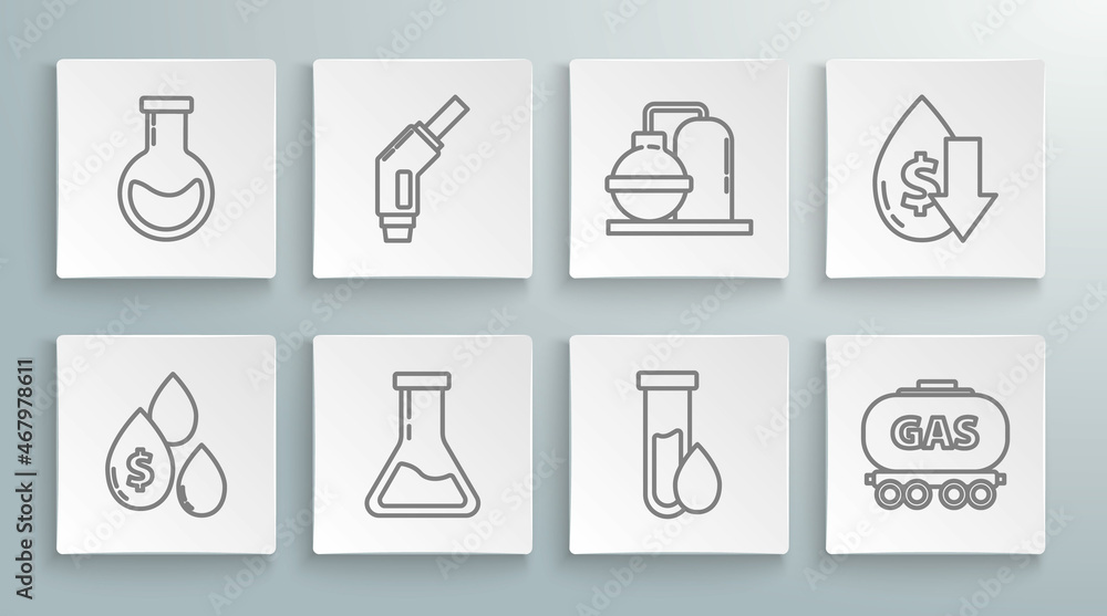 Set line Oil drop with dollar symbol, Gasoline pump nozzle, Test tube and flask, petrol test, railway cistern, gas industrial factory building, Drop crude oil price and icon. Vector Set line Oil drop with dollar symbol, Gasoline pump nozzle, Test tube and flask, petrol test, railway cistern, gas industrial factory building, Drop crude oil price and icon. Vector