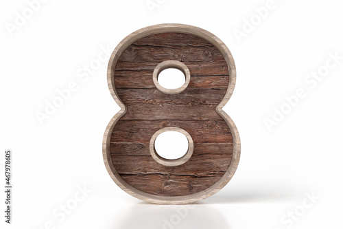 Wooden corporeal number 8 vintage style. Isolated 3d raw wood font on white background. High quality 3D rendering. photo
