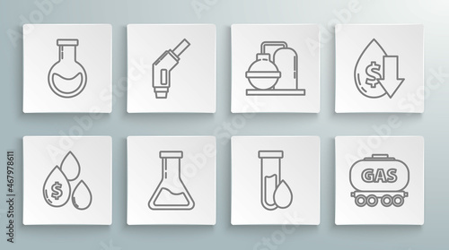 Set line Oil drop with dollar symbol, Gasoline pump nozzle, Test tube and flask, petrol test, railway cistern, gas industrial factory building, Drop crude oil price and icon. Vector
