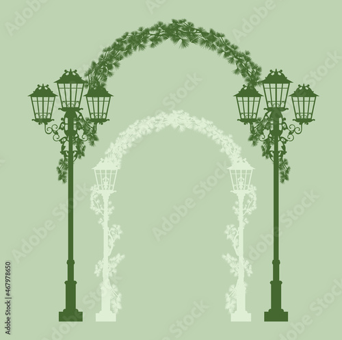 winter season holidays pine branches and city street light design element set - vector silhouette outline of decorated urban lamps forming arch passage