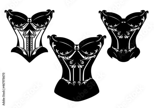 vintage style seductive elegant bra corset lingerie - woman luxurious underwear black and white vector design set