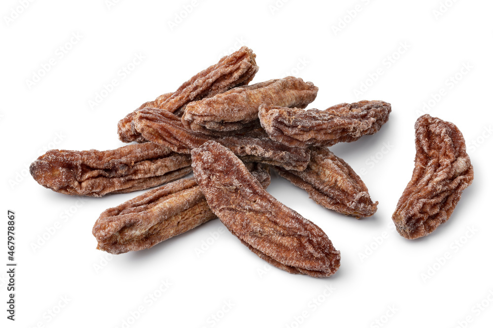 Heap of sun dried dried bananas isolated on white background