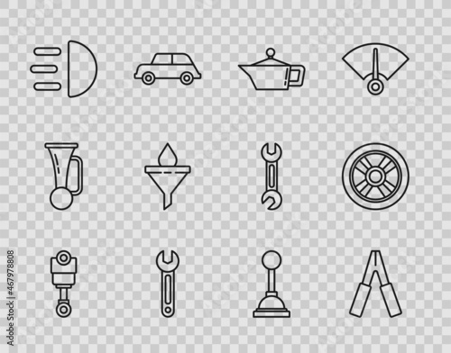 Set line Engine piston, Car battery jumper power cable, Canister for motor machine oil, Wrench, High beam, Funnel filter and drop, Gear shifter and wheel icon. Vector