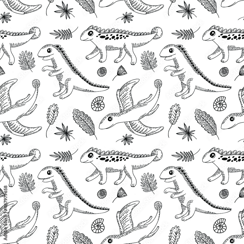 Hand drawn dinosaur pattern. Children decorative ornament with cute dinosaurs. Hand drawn dinosaur pattern. Children decorative ornament with cute dinosaurs.
