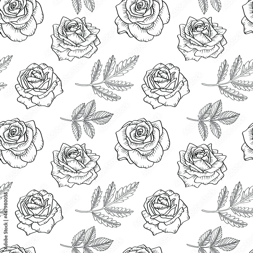 Hand drawn vector pattern with roses and leaves. Black countour lineart. Hand drawn vector pattern with roses and leaves. Black countour lineart.