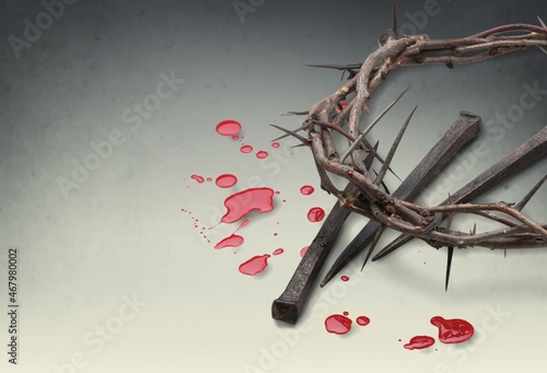 Photo Bloody nails, crown of thorns, drops of blood Christian Easter holiday