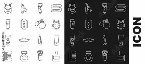 Set line Aftershave, Cream or lotion cosmetic tube, Barbershop, Electrical hair clipper shaver, Blade razor, and bottle with atomizer icon. Vector