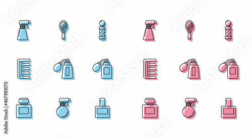 Set line Aftershave, Hairdresser pistol spray bottle, with atomizer, Hairbrush and Hand mirror icon. Vector