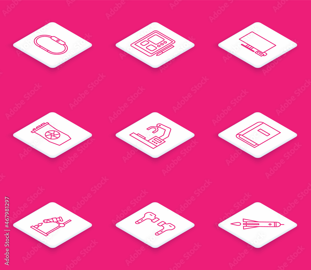 Set line Smartwatch, Graphic tablet, Tv, Video graphic card, Robotic robot arm hand factory, User manual, Test tube flask on fire and Air headphones icon. Vector Set line Smartwatch, Graphic tablet, Tv, Video graphic card, Robotic robot arm hand factory, User manual, Test tube flask on fire and Air headphones icon. Vector