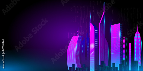 Fantastic city in the style of cyberpunk. Vector illustration in retro style in neon colors. Night city of the future. Template a horizontal banner.