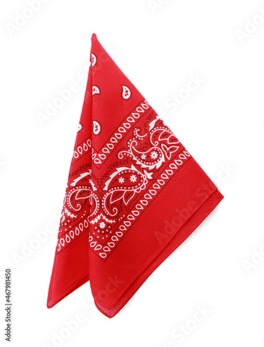 Murais de parede Folded red bandana with paisley pattern isolated on white, top view