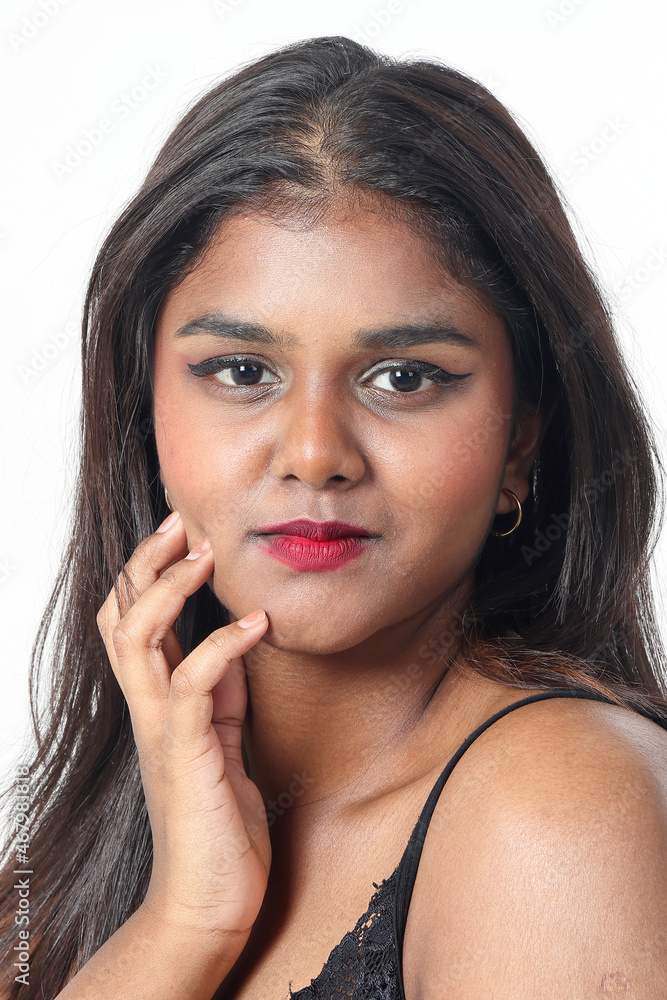 Young attractive Asian Indian woman pose face body expression mode emotion on white background pretty hand on face Young attractive Asian Indian woman pose face body expression mode emotion on white background pretty hand on face