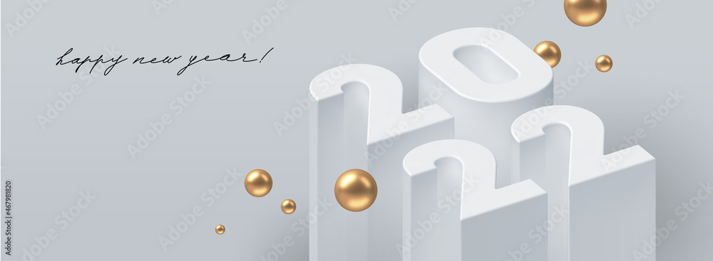 2022 new year greeting card with 3d realistic render number of the year with golden sphere. Vector illustration. - obrazy, fototapety, plakaty 