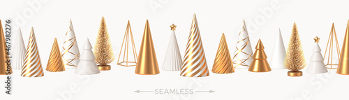 Seamless background with different style Christmas tree. White and golden 3d render realistic Christmas trees cone. Christmas decorations. Vector illustration.
