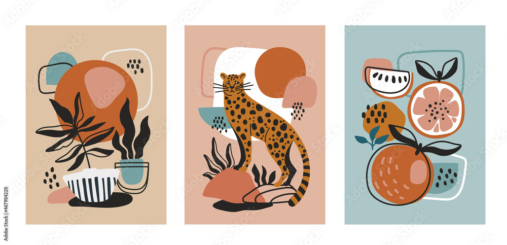 Set of three modern poster designs with a wild cat or leopard, potted plants and healthy fresh fruit on abstract patterned backgrounds, colored vector illustration