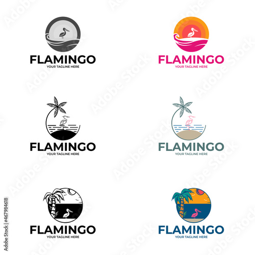 Flamingo Logo Template. flamingo emblem with sun and waves
