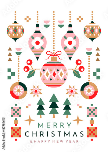 Merry Christmas and Happy New Year card design with colorful decorations and gifts on white in a symmetrical arrangement, colored vector illustration