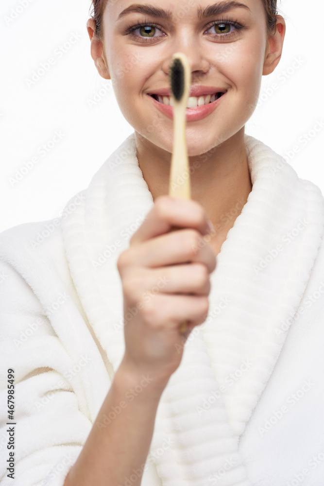 cheerful woman in white coat toothbrush dental health hygiene cheerful woman in white coat toothbrush dental health hygiene