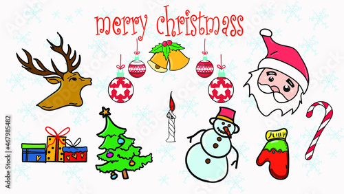 Big set of Christmas design doodle elements with Merry Christmas Lettering