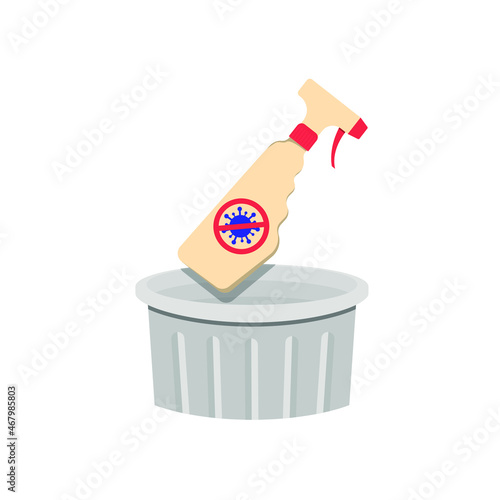Throw the antiseptic agent in the bottle into the trash can. Concept: get rid of the unnecessary, ineffective. Vector illustration, flat minimal cartoon design isolated on white background, eps 10.