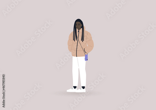 A young female African character wearing a winter puffer down jacket and a mobile phone case on a strap, modern lifestyle