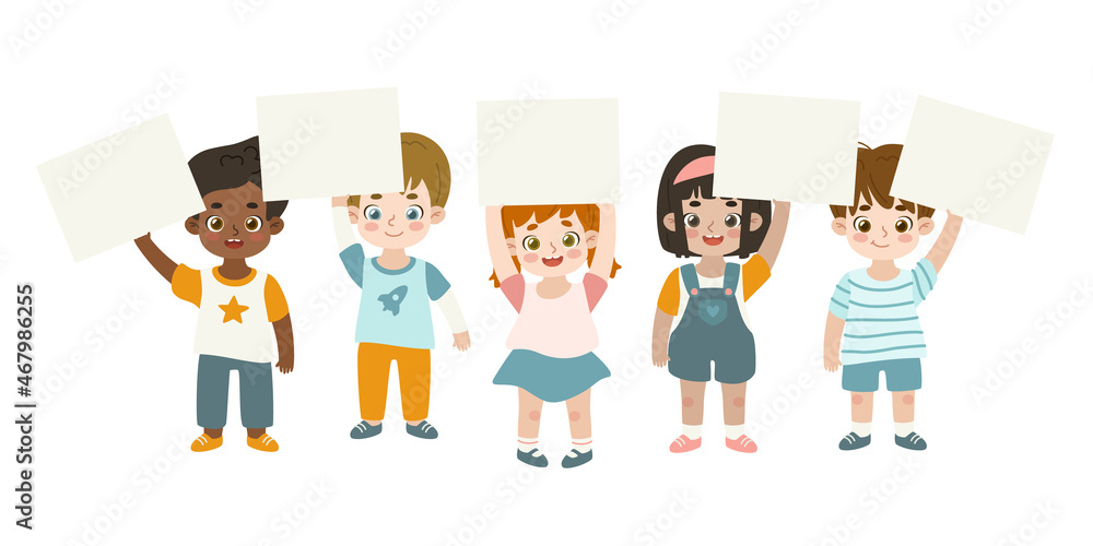 Group of diverse children holding blank banner over head. Set of cute kids standing and waving empty paper sheet. Group of diverse children holding blank banner over head. Set of cute kids standing and waving empty paper sheet.
