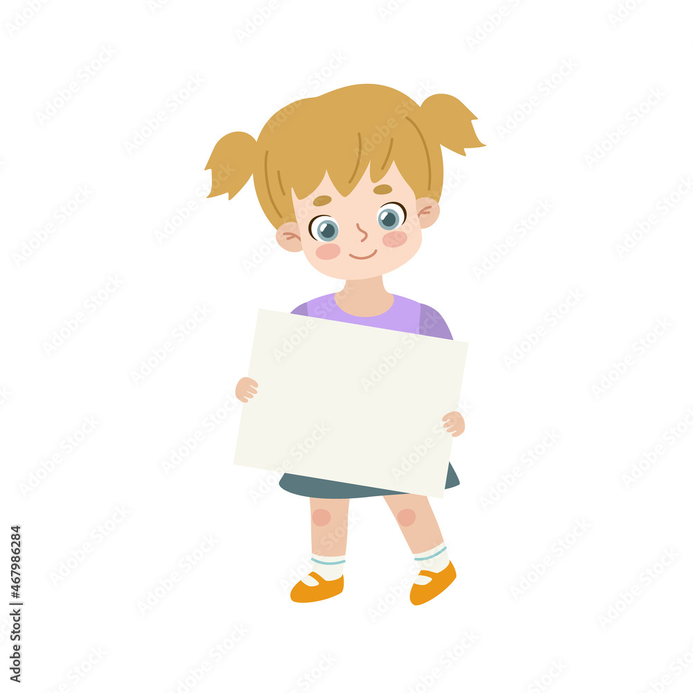 Cute blonde girl standing and holding blank banner. Cartoon child show empty paper sheet. Cute blonde girl standing and holding blank banner. Cartoon child show empty paper sheet.